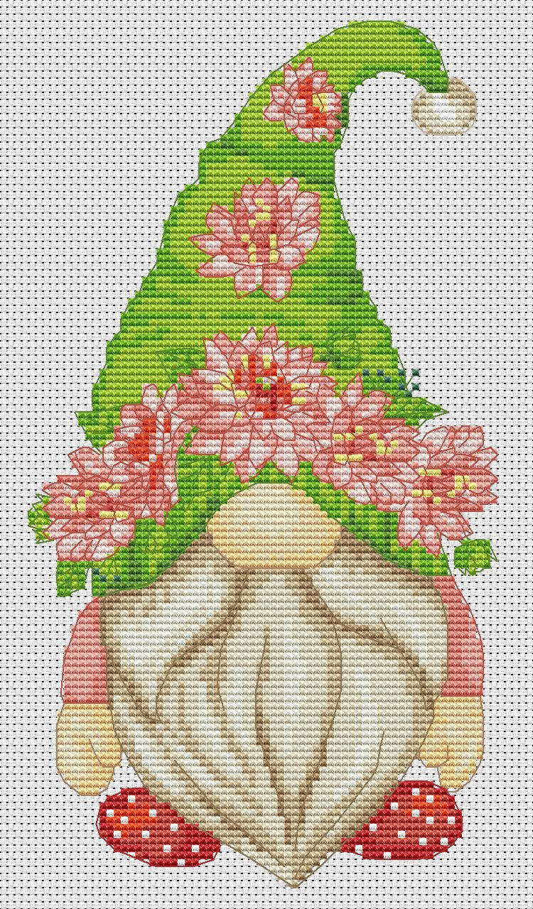 Dahlia gnome, Gnome cross stitch, Dahlia cross stitch, Floral cross stitch, Modern cross stitch, Funny cross stitch