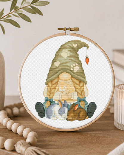 Cozy Bunny Gnome Cross Stitch Pattern – Cute Gnome with Rabbits PDF