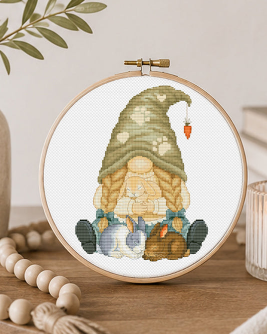 Cozy Bunny Gnome Cross Stitch Pattern – Cute Gnome with Rabbits PDF