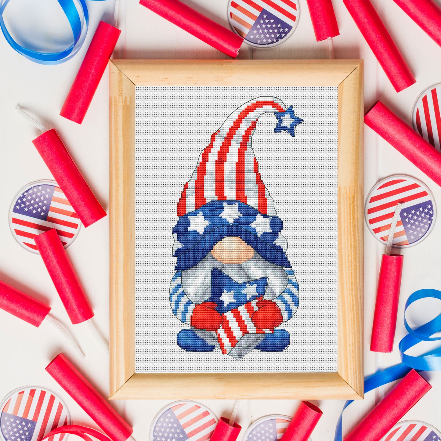 Patriotic gnome, Cross stitch, 4th July cross stitch, Gnomes cross stitch, Modern cross stitch