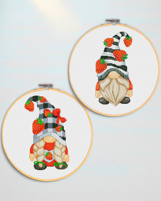 Two cross-stitched gnomes in embroidery hoops on a light blue background