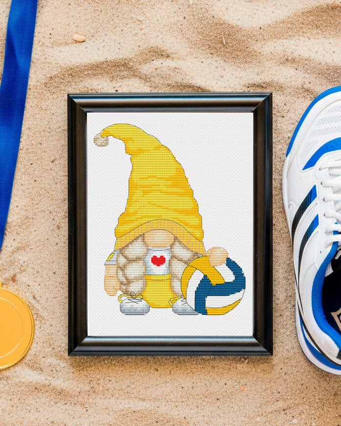 Cross stitch pattern of a female volleyball gnome.