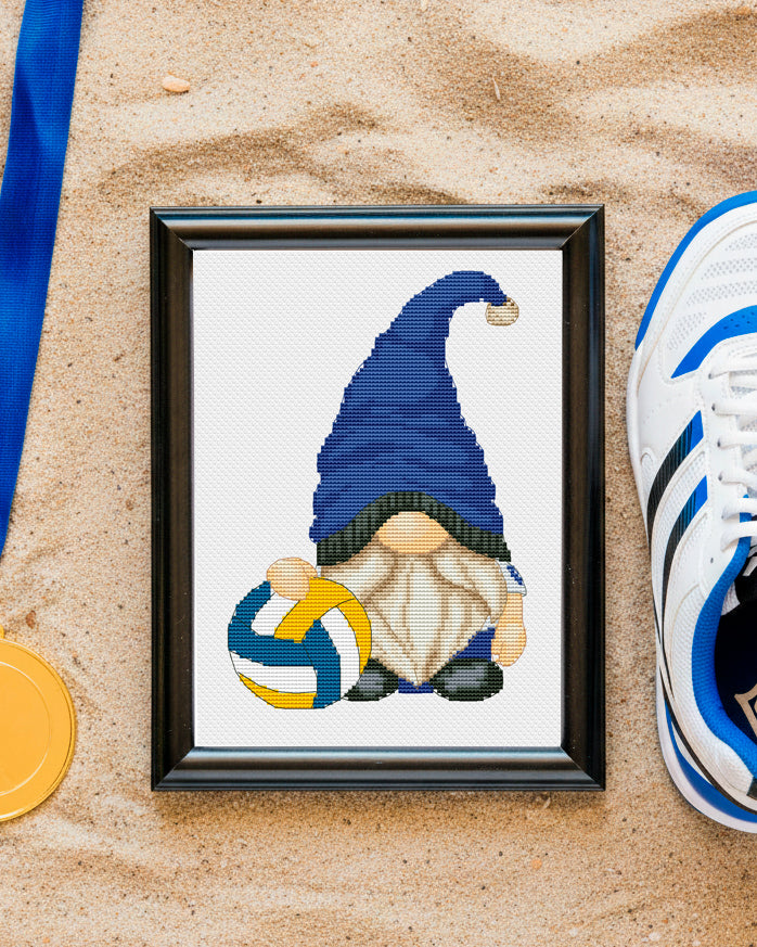 Cross stitch pattern of a female volleyball gnome.