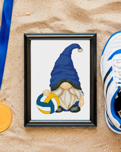 Cross stitch pattern of a female volleyball gnome.