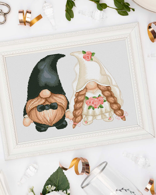 Cross stitch pattern of a bride and groom wedding gnome couple