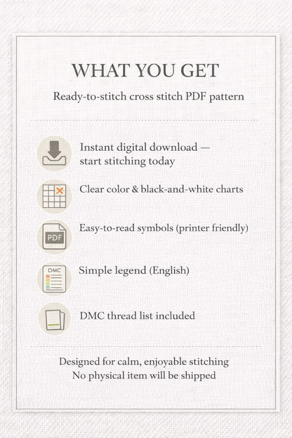 Cross stitch PDF pattern contents preview including charts symbols and DMC thread list