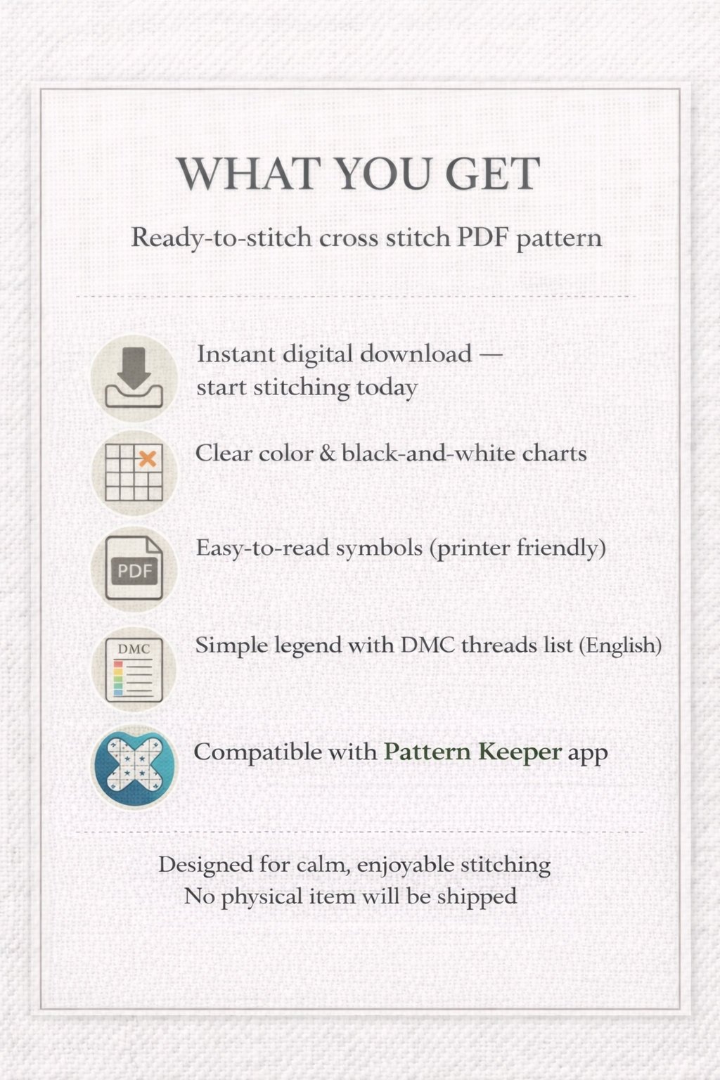 Cross stitch PDF pattern contents preview including charts symbols and DMC thread list