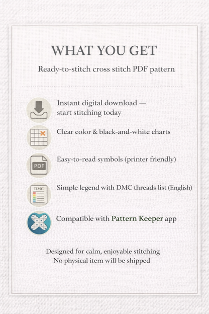 Cross stitch PDF pattern contents preview including charts symbols and DMC thread list